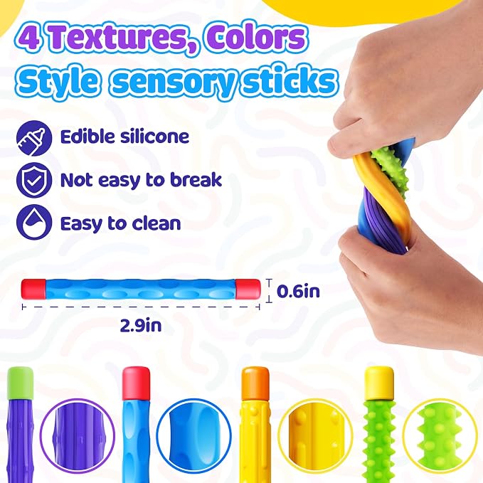 Fidget Sensory Sticks for Kids: 4 Pack Thickened & Flexible Silicone Fidget Stick - Fidget Stress Toy for Kids Autism ADHD Calming - Quiet Fidgets for Classroom Focus Prizes - Travel Calm Essentials