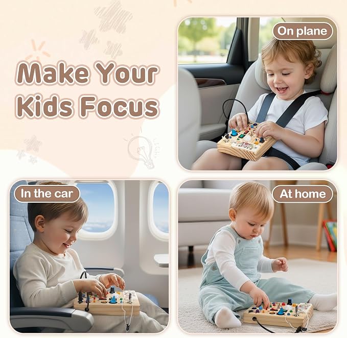 LED Busy Board for Toddlers 1-3,Montessori Toy with Key Switch, Light Up Wood Activity Sensory Board for Fine Motor Skills, Educational Travel Toy Gift for 1 2 3 Year Old Boys Girl