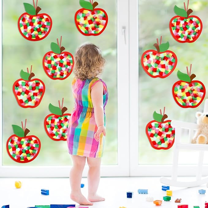 Qyeahkj 36 Set Fall Apple Suncatchers Crafts for DIY Autumn Apple Window Tissue Paper Craft Kit Hanging Decor for Back to Home Activity Art Project Birthday Party Favor Gift