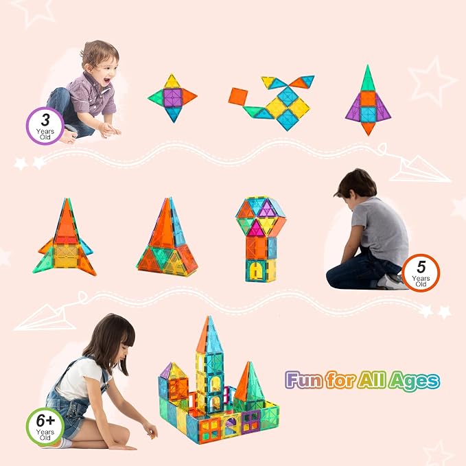 Magnetic Tiles, 96PCS Magnetic Block Toddler Toys with 2 Cars, 3D Clear Magnet Building Tiles Set, STEM Educational Toys for Kids 3-9 Years