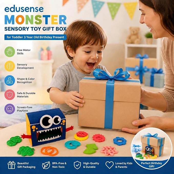 edusense Monster Feed Me - Feeding Game Sensory Toy for Toddlers 3+ | 20 Washable Silicone Shapes | Fine Motor Skills & Color Recognition | OT Sensory Play for Autism | Self-Storing Travel Toy