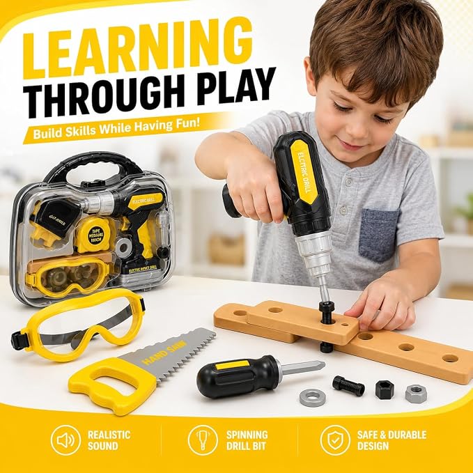 Kids Tool Set with Carrying Case, Electronic Toy Drill with Bits & Construction Vest – Pretend Play Kit with Safety Googles, Gas Shield, Tape Measure, Saw, Bubble Level, Screwdriver, Nuts & Bolts