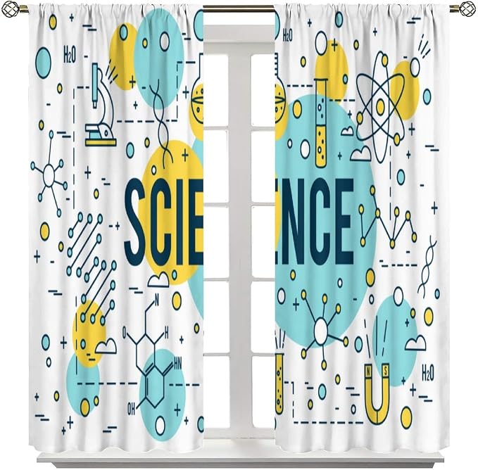 Science Window Curtains, Chemistry Chemical Science Pharmacy Research Room Darkening Door Window Rod Pocket Curtain for Girls Boys Kids Bedroom Study Room Classroom Set 2 Panels,52x84 Inches