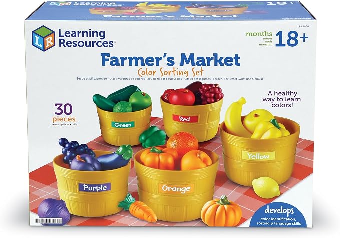 Learning Resources Farmer's Market Color Sorting Set | Pretend Play Food Sets for Kids Kitchen, Color Sorting Toys, Plastic Fruit and Vegetable Toy for Kids Kitchen Set