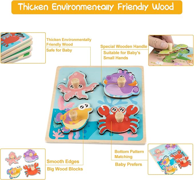 Wooden Toddler Puzzles - 4 Pcs Eco-Friendly Animal Patterns Jigsaw With Handles - Infant Kid Fine Motor Skill Learning Educational Montessori Toys for 1-3 Years Old