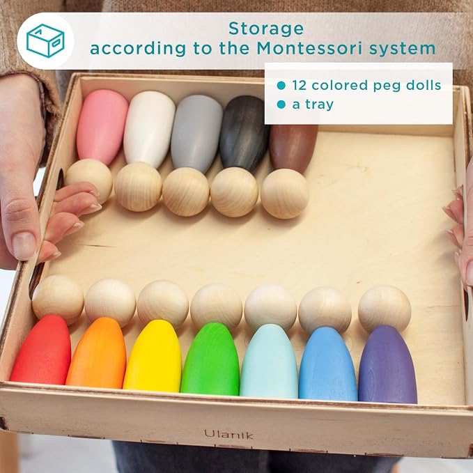 Ulanik Large Peg Dolls for Sorting Toddlers Montessori Toys for 1+ Year Old Baby Dolls Wooden Games for Learning Color Sorting & Counting β 12 Gnomes