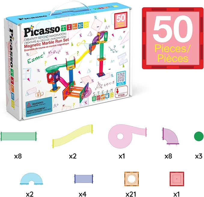 PicassoTiles 50 Piece Magnetic Marble Run Toy STEM Educational Building Set | BPA-free plastic construction, age 3+ coordination tracking, Fine Motor Skills & Spatial Reasonings, creative pretend play