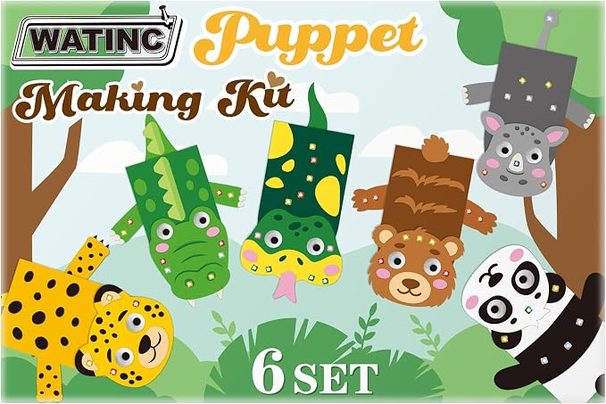 WATINC Hand Puppet Making Kit, Felt Sock Puppet Toys for Kids (Wild B) | 6 Styles, Make Your Own Storytelling & Role Play Crafts, Creative Group Activity, Party Favors & Gifts for Kids Ages 4-8