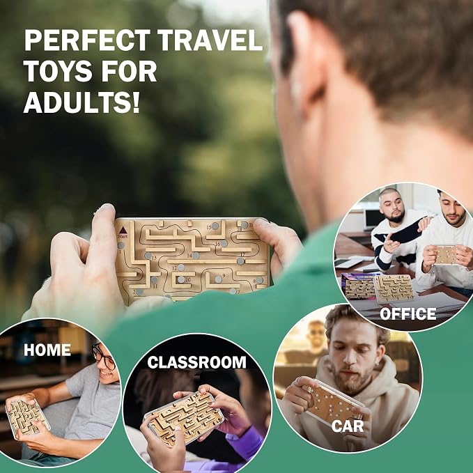 Handheld Fidget Puzzle Game for Kids and Adults - Challenging Wooden Labyrinth Marble Maze for Teen Boys - Fun Brain Teaser Puzzle Fidget Toys for Travel Stocking Stuffer Party Favor for Kids Ages 8+
