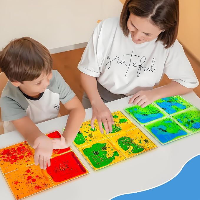 Onyoloy Liquid Sensory Soft Gel Tiles - 12" x 12" Square Multicolor Sensory Toys - Set of 9, Water Sensory Toys for Nurseries, Playrooms, Toddlers and Kids with Autism.