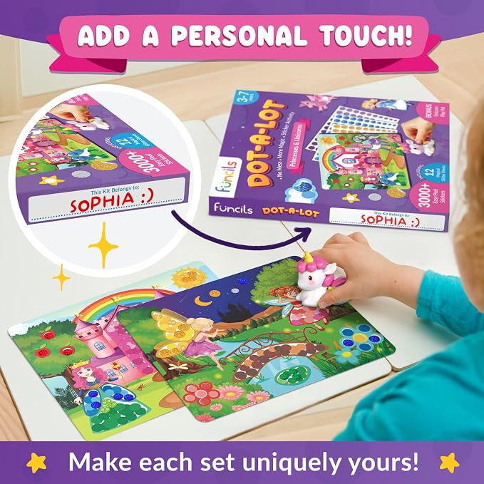 Dot Art Activity - Unicorn & Princess Sticker Kit, Toys for 3 Year Old Girl | Toddler Art & Craft Supplies for Kids, Birthday Gifts for Boys & Girls Ages 3, 4, 5, 6, 7 Year Old - Travel Toys for Airplane