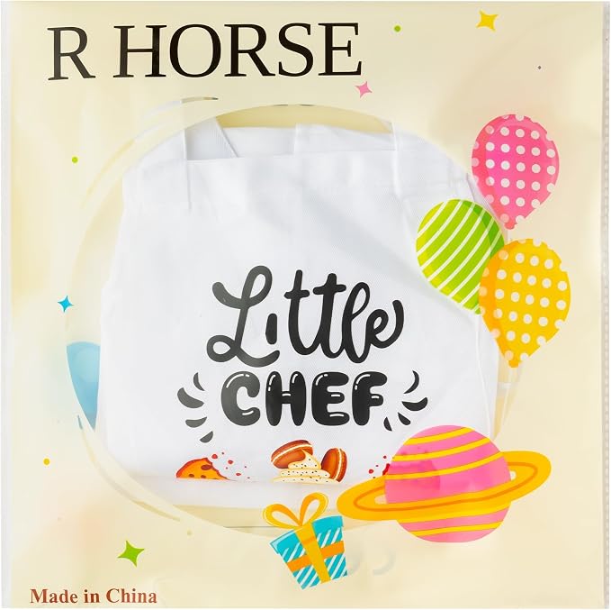 R HORSE 2 Pieces Kid Apron and Chef Hat Set, Dress up Pretend Play Toy | White Little Chef Adjustable Children Kitchen Apron Set, Ideal for Cooking, Baking, Painting, Training, Cooking Birthday Gift