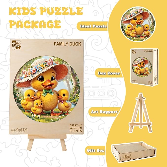 Animal Wooden Puzzles for Kids - Family Duck | 50 Piece Puzzles for Kids Ages 6-8, Kids Puzzles with Unique Animal Shapes, Round Gift for Girls and Boys (11.4 * 11.4 in)