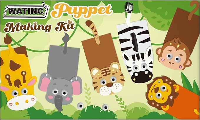 WATINC Hand Puppet Making Kit, Felt Sock Puppet Toys for Kids (Wild A) | 6 Styles, Make Your Own Storytelling & Role Play Crafts, Creative Group Activity, Party Favors & Gifts for Kids Ages 4-8