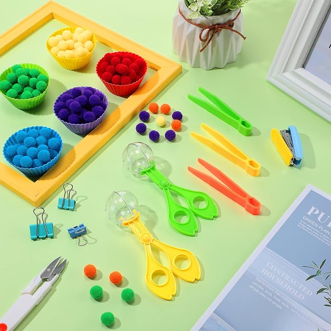 142 Pcs Kids Tweezers Fine Motor Sensory Bin Set, Bowls Tongs Plush Balls | Toddler Sorting Scooper, 12 Bowls, 8 Tongs, 2 Clips, 120 Balls, Spring Sensory Play