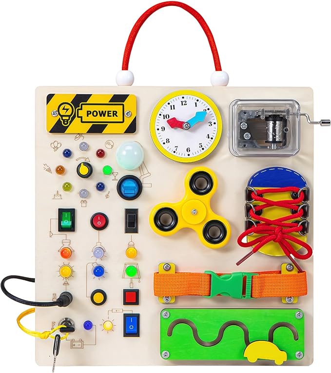 Busy Board Montessori Toys for 1 2 3 Years Old Toddler,Wooden Sensory Educational Fidget Board Toy with Led Light Up Switches & Music Boxes,Travel Toys for 1+ Year Old Boy & Girl Birthday Gift