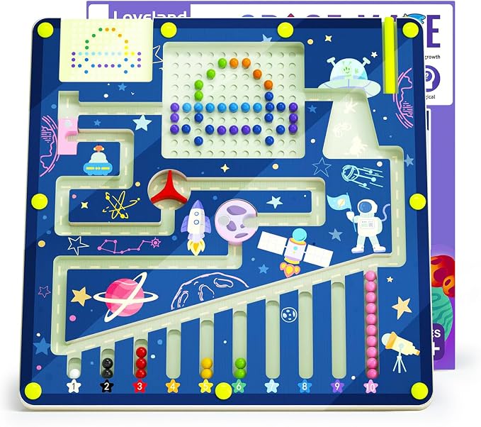 LOVELAND Magnetic Color and Number Maze - Wooden Montessori Toys for 3+ Year Old, Space Theme Fine Motor Skills Sorting Board, Travel Activities, Preschool Learning Gift for Toddlers