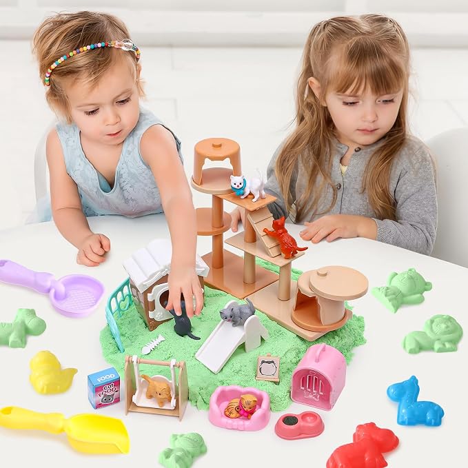 Lorfancy Cat Sandbox Toys Kids Play Sand Kit Toddler Sensory Bin Toy 2.2lbs Sand Pet Cat Figures Care Role Pretend Play Beach Toy Birthday Gift for Girls Boys 3 4 5 6 7 8 Years Old