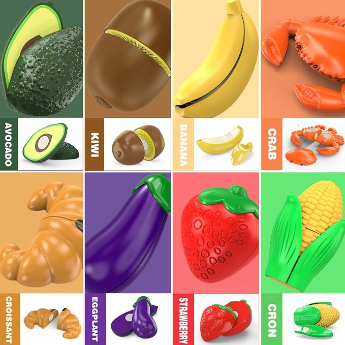 115 Pcs Cutting Play Food Toy for Kids with 2 Colors Storage Baskets | Fake Food/Fruit/Vegetable for Toddler Pretend Kitchen Accessories, Boy Girl Classroom Learning/Birthday Gift