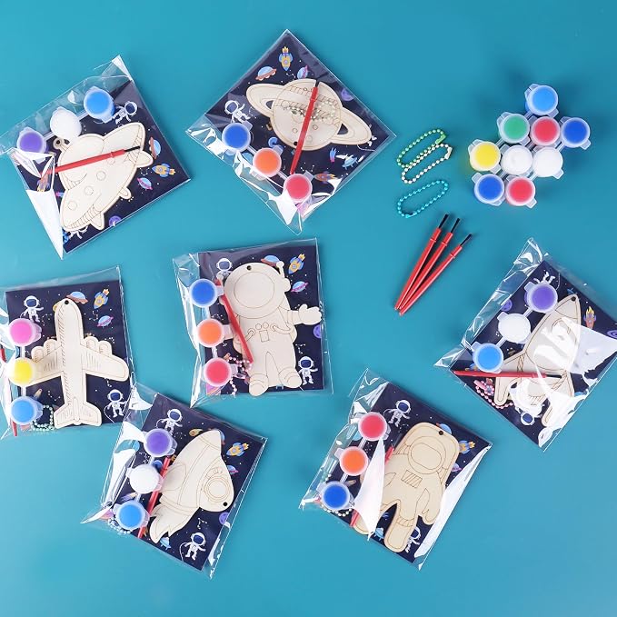 24 Pack Space Themed Party Favors - Kids Birthday Party Return Gifts Treats Goodie Bag Items Fillers Classroom Prizes Exchange Gifts, Wood DIY Keychain Painting Kits Arts Crafts Activities Toys
