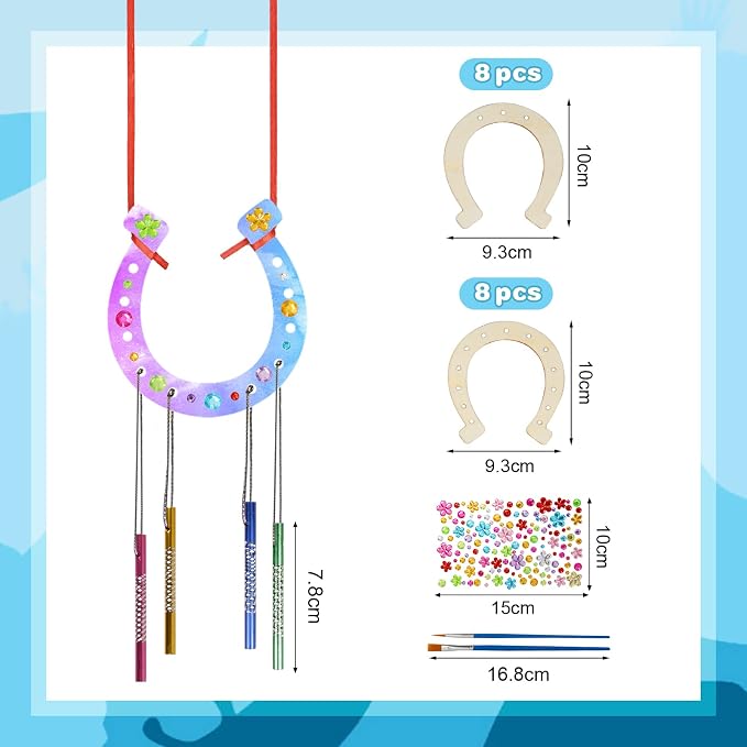 Fennoral 16 Pack Horseshoe Wind Chime Kit for Kids | Make Your Own Wooden Arts and Crafts Ornaments DIY Coloring Horseshoes Craft for Art Activity Birthday Supplies