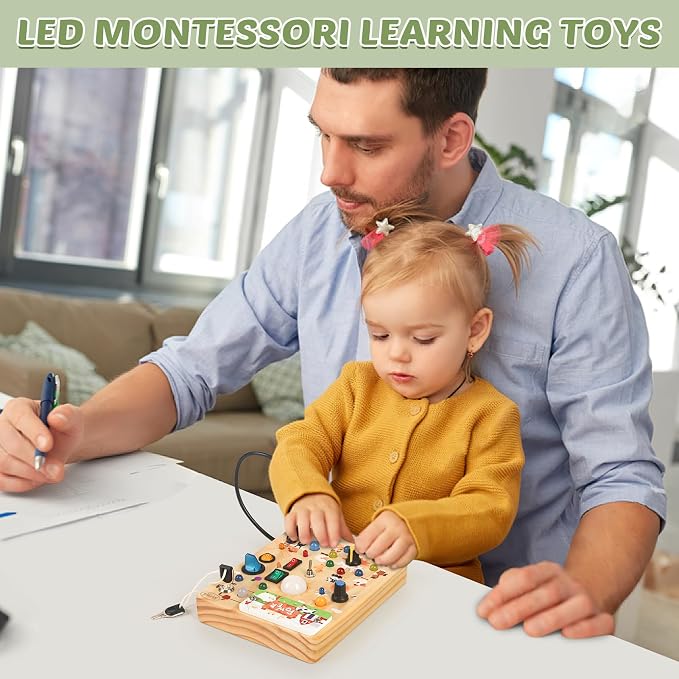 Joyreal Wooden Busy Board for Toddlers - Montessori Toys for 1 2 3 Year Old | Sensory Activity Board with 10 Switches & 19 Lights, Toddlers Activity Travel Toys for Boy & Girl Birthday Gift (Farm Theme)