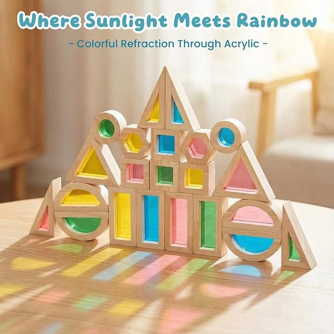 WOODENFUN Wooden Building Blocks Set for Kids, 22 Pcs Rainbow Stacker Game | Stacking Construction Toys Set Preschool Colorful Learning Educational Toys, Geometry Blocks for Boys Girls Birthday Gift