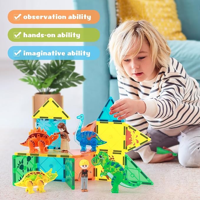 BENOKER Dinosaur Magnetic Tiles, Animals Magnet Building Blocks Toys Gift | 49P Dinosaur magnetic tiles to build vivid dino world scenes. Educational STEM playset, wonderful birthday gift for kids