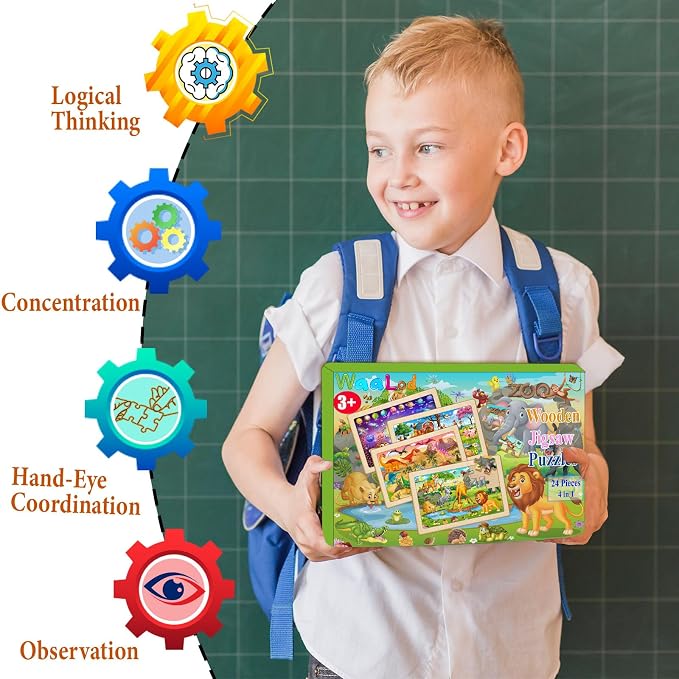 Wooden Puzzles for Kids Ages 4-6, 4 Pack 24 Pcs Toddler Puzzles Set for Ages 3-5, Early Educational Brain Teaser Toys Gift for Boys Girls 3 4 5 6 7 8 (Dinosaur, Space, Animal, Farm)