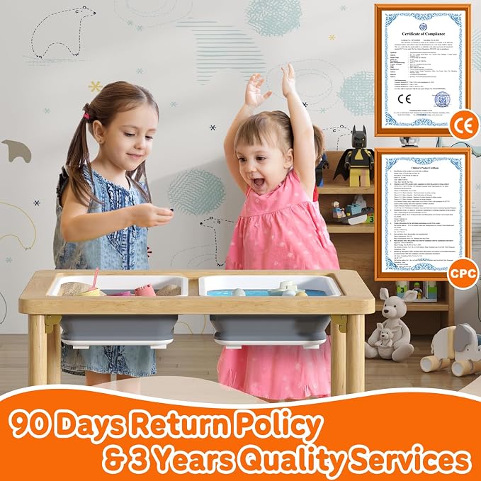 FUNLIO Foldable Wooden Sensory Table with 2 Bins for Toddlers, Kids Sensory Table with Anti-Warping Plywood Lid, Indoor/Outdoor Play Sand and Water Set, CPC Certified