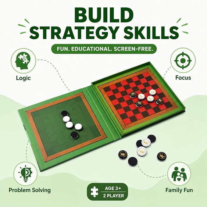 TRAVOFUN Magnetic Reversi and Checkers | Travel Games for Kids 8-12 | 2-in-1 travel reversi game and checkers board keeps magnetic pieces secure for car rides, flights, and strategy play.