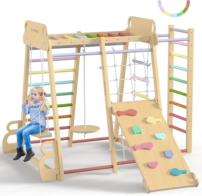Upgraded Indoor Jungle Gym 9-in-1 Playground Kids Climbing Toys | Waldorf Style Wooden Climber Playset with Slide, Swing, Monkey Bars, Upright/Rope Ladder, Climb Net, Rainbow