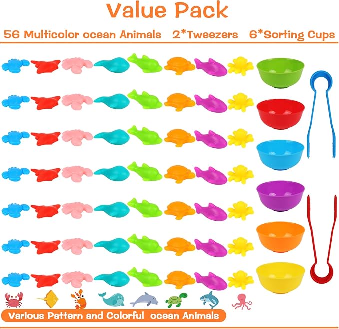 LOKIPA Counting Ocean Animal Toys, Color Sorting Set Ocean Animal Matching Game with Rainbow Sorting Cups Learning Activities Educational Sensory Toys for Toddlers Kids Ages 3 Years and Up