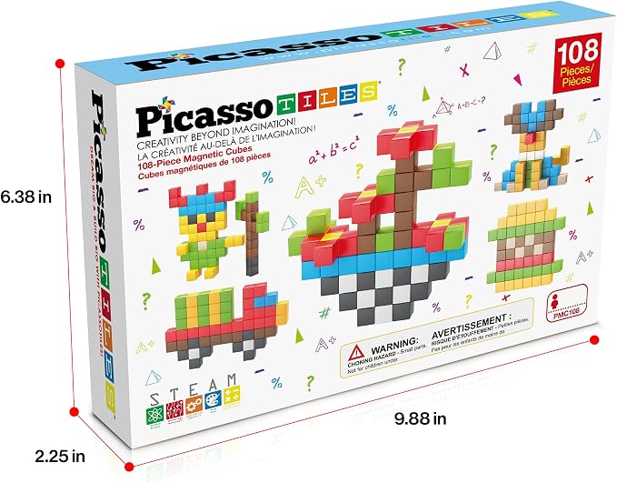 PicassoTiles 108 Piece Magnetic Cubes, 1 Inch STEM Building Set for Kids 3+ | 50+ design idea book included, hidden connector construction, BPA-free non-toxic materials, preschool ready, screen-free play
