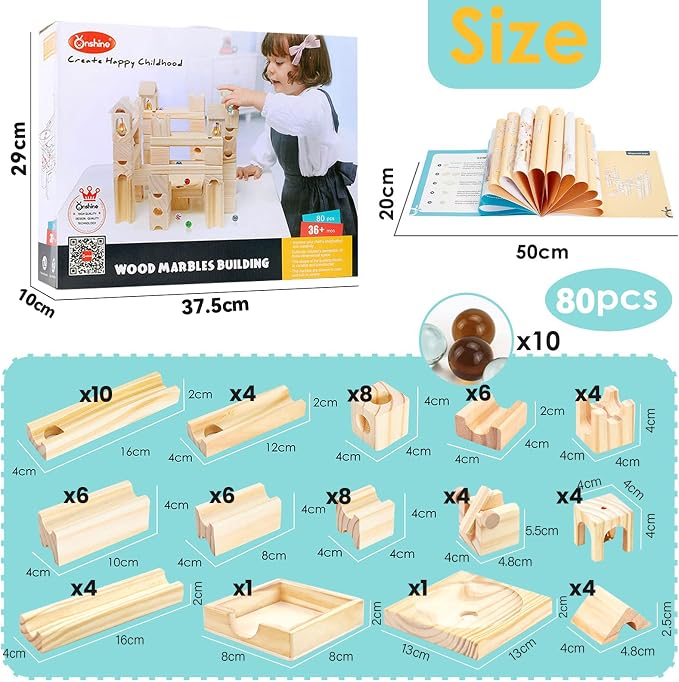 Wooden Marble Run for Kids, 80 Pieces Maze Construction Building Play Set | Wood Building Blocks Toy, Marble Track Maze Game, STEM Educational Learning Toys for Kids