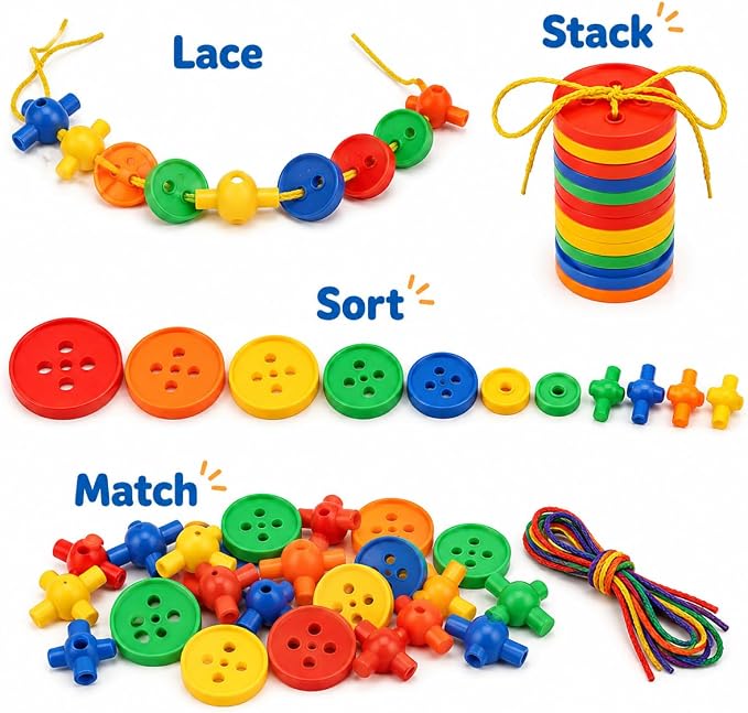 40 Pcs Big Bright Craft Buttons Stacking Toy Plastic Assorted Vivid Button Colors Geometric Shaped Buttons Colorful Large Beads Button Lacing Threading for Arts DIY Crafts Projects