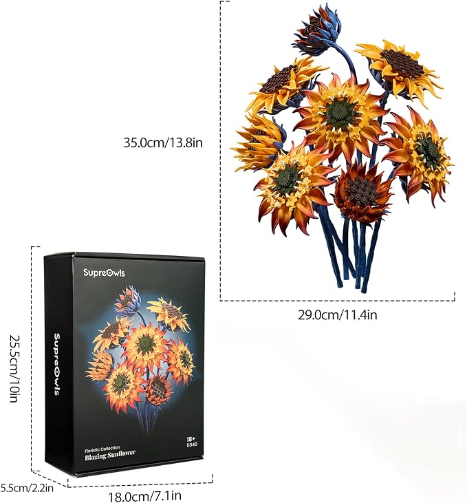 Blazing Sunflower Building Blocks Set, Botanical Flower Brick Kit for Adult | 771Pcs Artificial Sunflowers Building Kits, 4 Blooming Stages, Adjustable Stems Display Decor, Birthday Gifts for Women & Mom