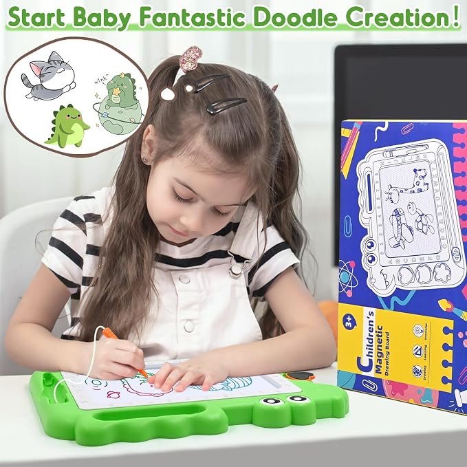 AiTuiTui Dinosaur Magnetic Drawing Board for Toddlers Ages 2-4, Green | Doodle Board Toddler Toys, Educational Learning Kids Gift for 3 Year Old Boys Girls, Color Sketch Writing Pad Travel Games