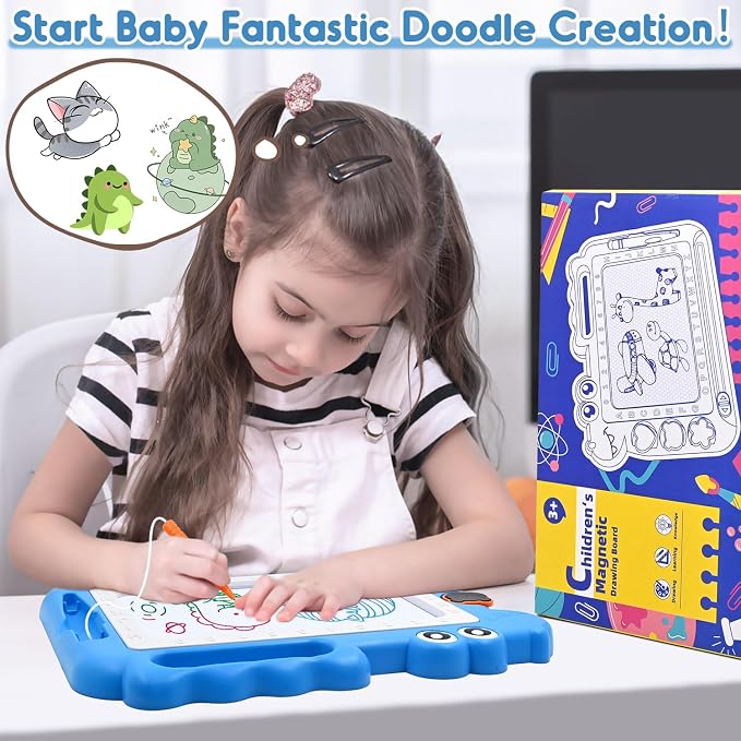 AiTuiTui Magnetic Drawing Board for Toddlers, Dinosaur Doodle Board Toddler Toys, Educational Learning Kids Toys Gifts for 2 3 4 Year Old Boys Girls, Color Sketch Writing Pad Travel Games (Blue)