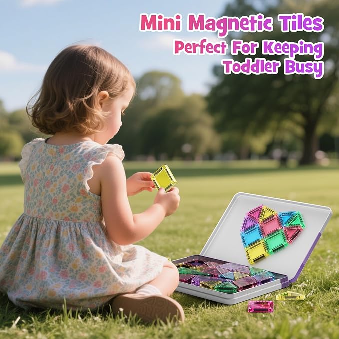 WMDXU Mini Magnetic Tiles Girls: Travel Building Set with Iron Box for 3+ | 42PCS On-the-Go Travel Toy, Strong Magnets Hold Tiles Upside Down without Falling, Iron Box Storage, for Girls 3-8