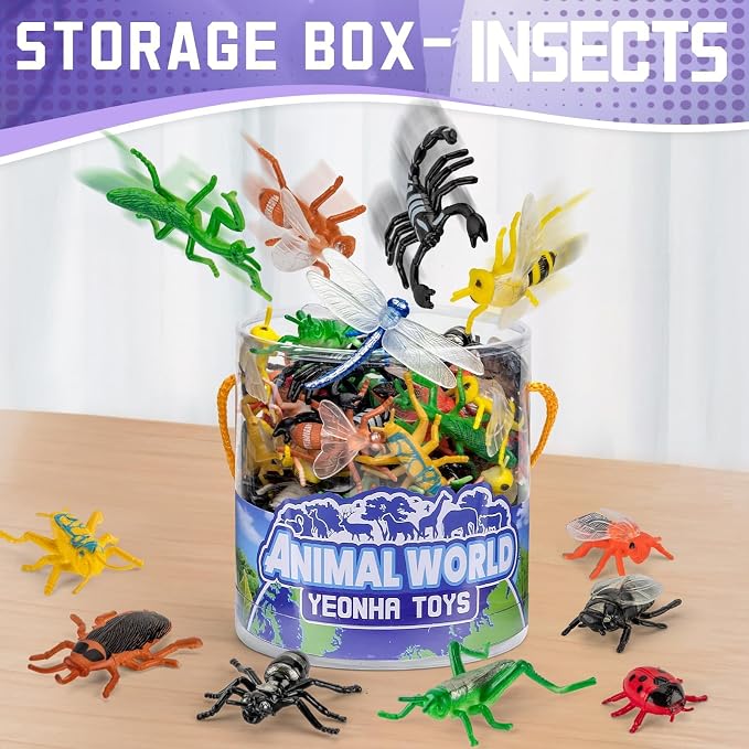 60 Piece Insect Toys with Gift Box, Realistic Plastic Bug Figures | Fake Bug Theme Party Decoration, School Project Sensory Bins, Classroom Reward, Halloween Goody Bag Filler Gift, Cupcake Topp