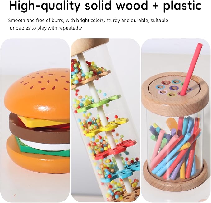 BESTAMTOY 5 in 1 Wooden Educational Learning Toy Set, Montessori Toys for 1 2 3 Year Old,Baby Rain Stick Sensory Fine Motor Skills Toys, Shape Sorter Stacking Puzzle Gifts for Toddlers Boys Girls