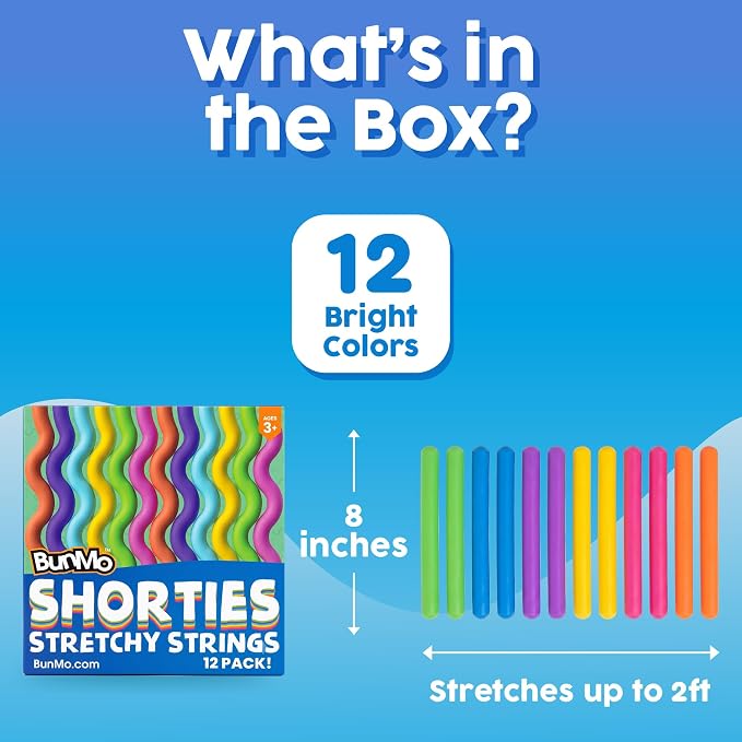 BUNMO Sensory Toys Stretchy Strings for Toddlers 3+ - Stimulating & Addictive Fidget Toys for Kids - Hours of Fun for Kids - Non-Mouthable Toy 3+ - Mini Smooth 12 Pack