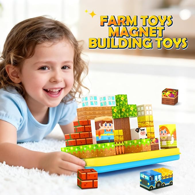 Magnetic Blocks Travel Toddler Toys Magnet Building Tiles STEM Sensory Toys | Construction Cubes Educational Toys with Portable Box, Christmas Birthday Kids Gifts for Boys Girls Ages 3-5 5-7 4-8
