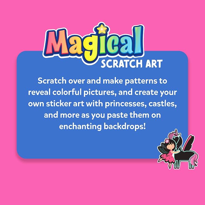 Skillmatics Magical Scratch Art Book – Unicorns & Princesses, Travel Toy | Craft Kit, Drawing & Coloring Supplies, 30+ Scratch Stickers, Screen-Free, Gift for Toddlers, Girls & Boys Ages 3, 4, 5, 6