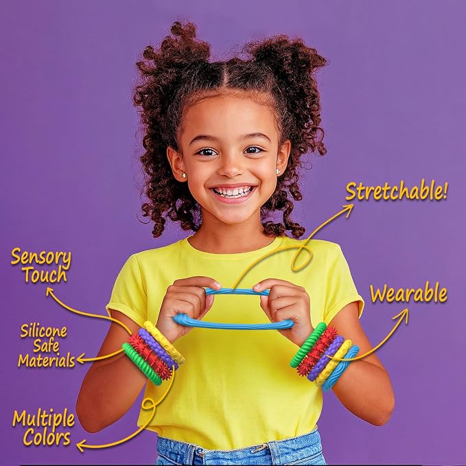 5 Pack Chewable Sensory Fidget Bracelets for Kids, Textured Silicone Bands | Chewable Sensory Fidget Bracelets for Kids, Stretchy Textured Silicone Bands for Classroom, Travel and Quiet Play