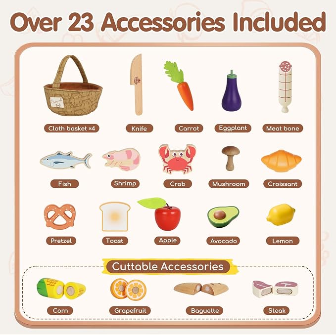 Lehoo Castle Wooden Play Food Set for Toddlers, Play Kitchen Accessories | Pretend Play Cutting Toys, 4 Baskets with Fruits Vegetables Meats Breads, Montessori Sorting Toys for Girls Boys Kids 3-5