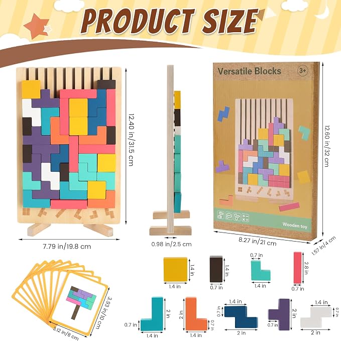 Wooden Stacking Puzzle Toy, 3D Colorful Wood Russian Blocks Puzzle Games Brain Teasers Montessori Toys for Toddler Kids 3 4 5 6 7 Years Old Boys Girls (Colorful A)