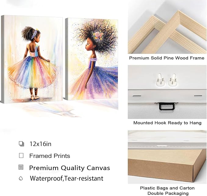 Black Girl Princess Wall Art,Cute Girl Rainbow Ballet Art Decor 16X12In | Afro Girls Art,Inspirational Black Girl Artwork for Girls Bedroom Nursery Playroom Home Wall Decor