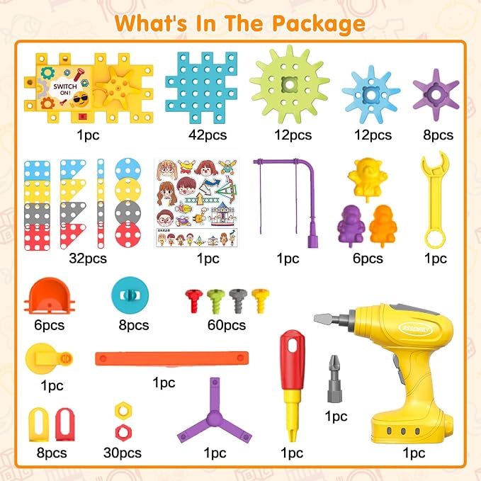 Building Toys, 234 Pieces Upgrade Gear Building Blocks Set | Kids Tool Set with Electric Drill, Kids STEM Kits Birthday Gifts for Boys Girls Age 3+